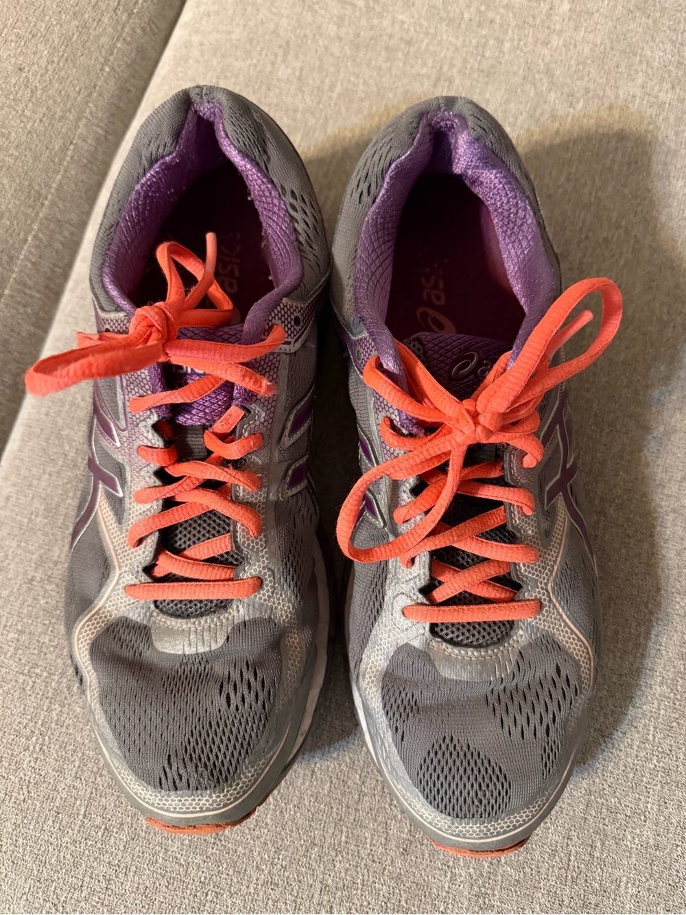 ASICS Gray Athletic Shoes with Purple Lining and Orange Laces